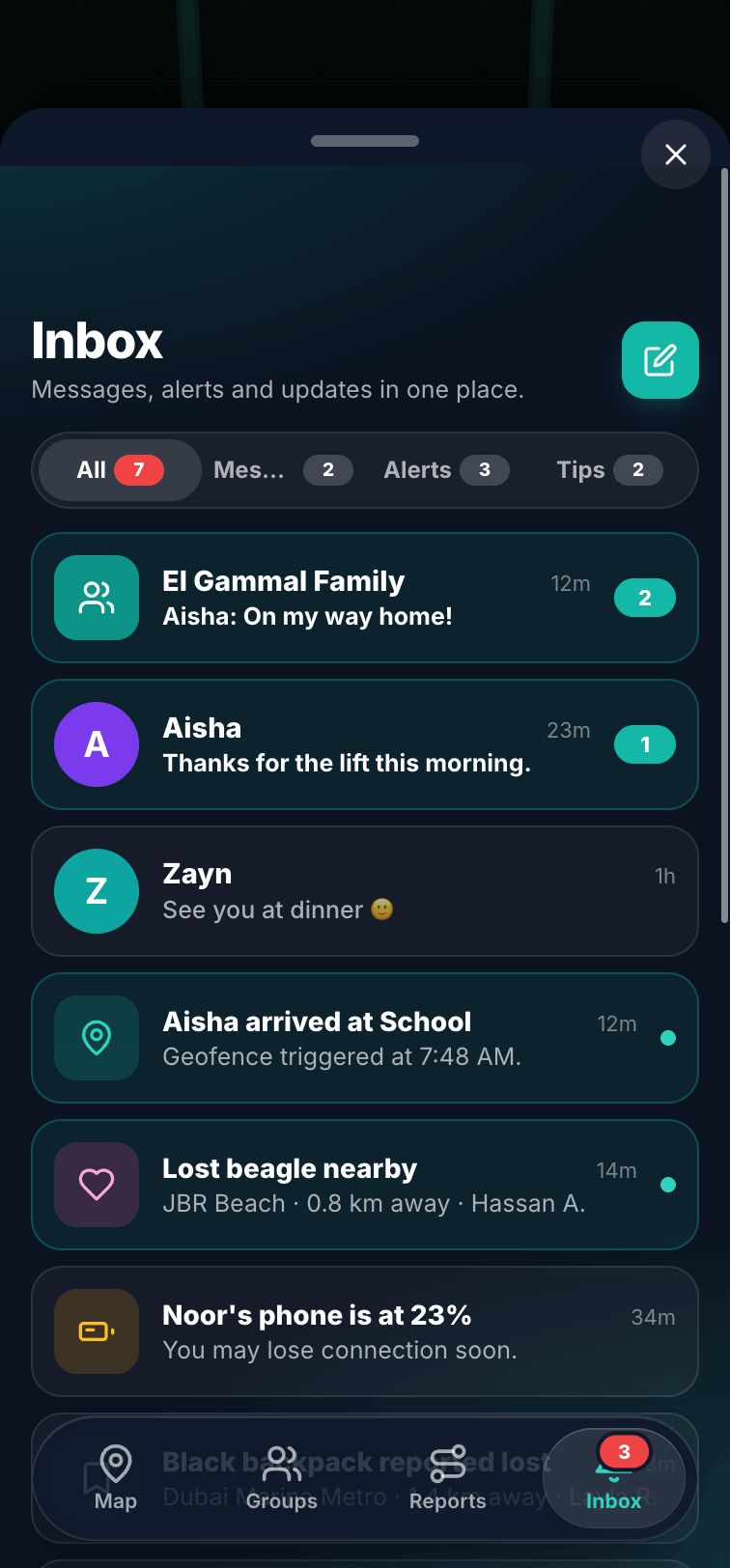 Inbox of alerts
